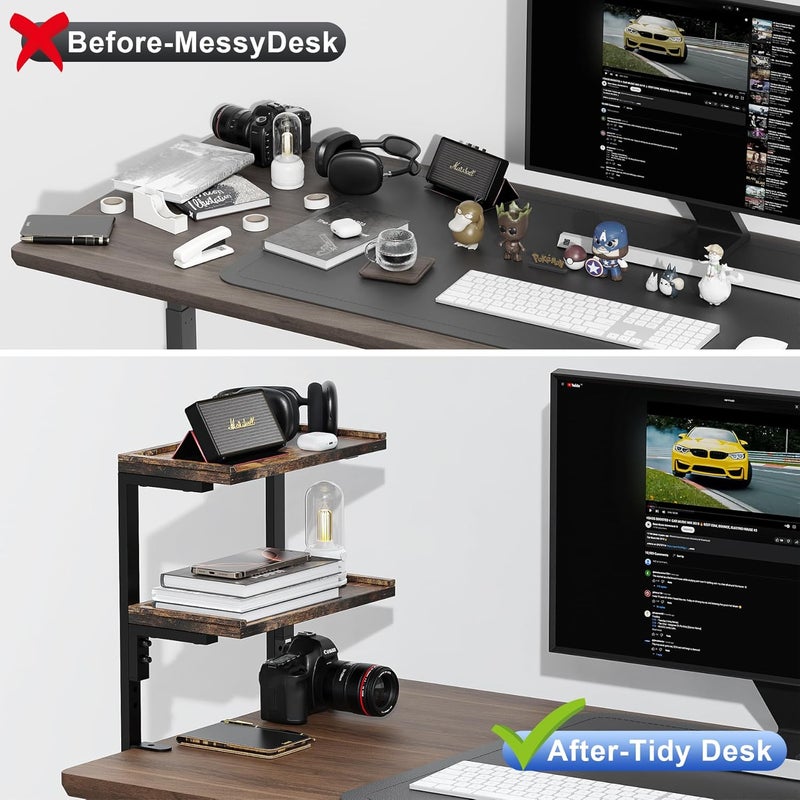 Spacrea clamp on Desk Shelf, 2 Tier Office Desk Shelves Organizer, Wood Desktop Supplies Storage Rack, Desk Organizers and Accessories (Wood) - Image 4
